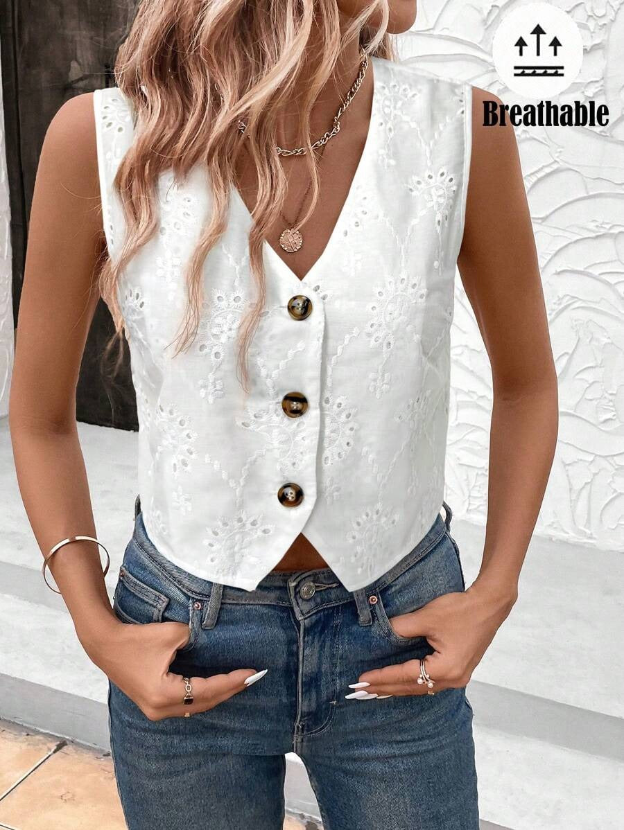 Women's White Embroidered Blouse Romantic Vest Style for Spring & Valentine's Day
