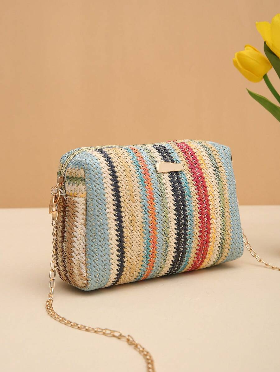 Rainbow Woven Straw Crossbody Bag – Trendy & Versatile Women’s Bag with Chain Strap حقيبة كاميرا قش ملونة