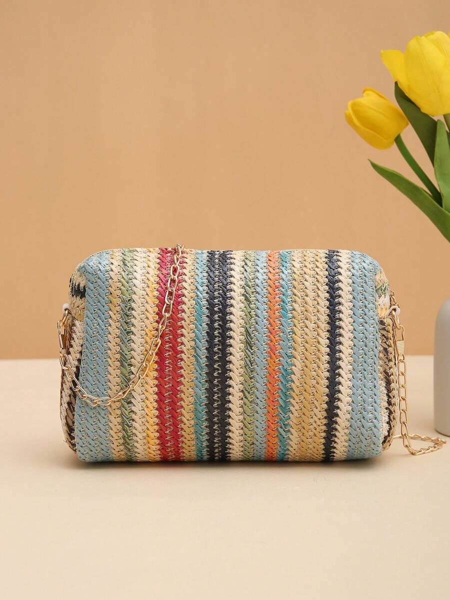 Rainbow Woven Straw Crossbody Bag – Trendy & Versatile Women’s Bag with Chain Strap حقيبة كاميرا قش ملونة
