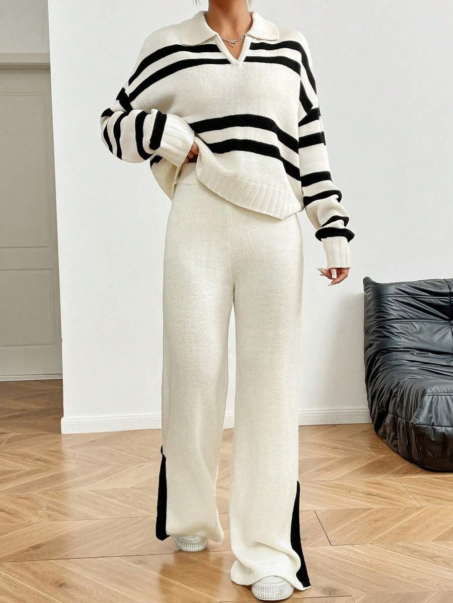 Striped Knit Jumpsuit V-Neck Sweater & Wide-Leg Pants