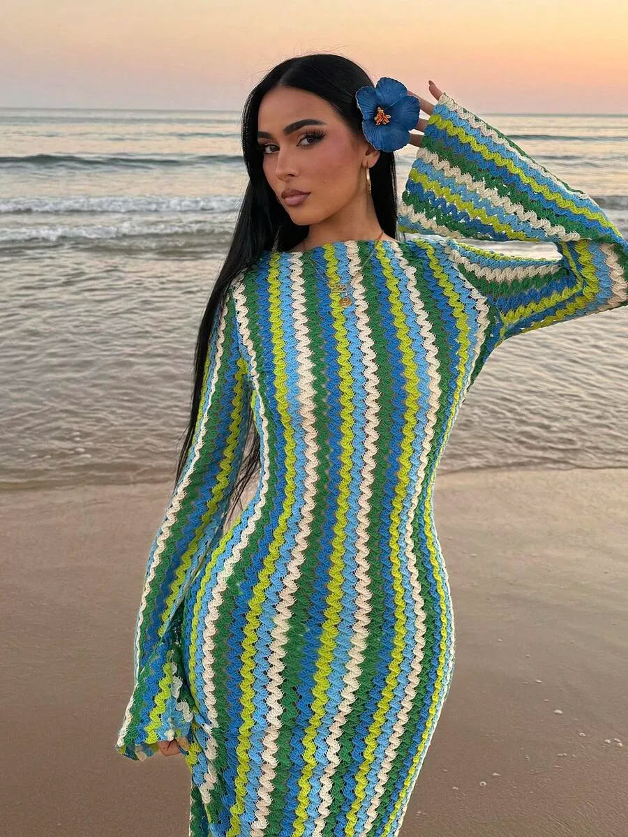 Striped Ruffled Knit Maxi Dress – Bohemian Beach & Vacation Style