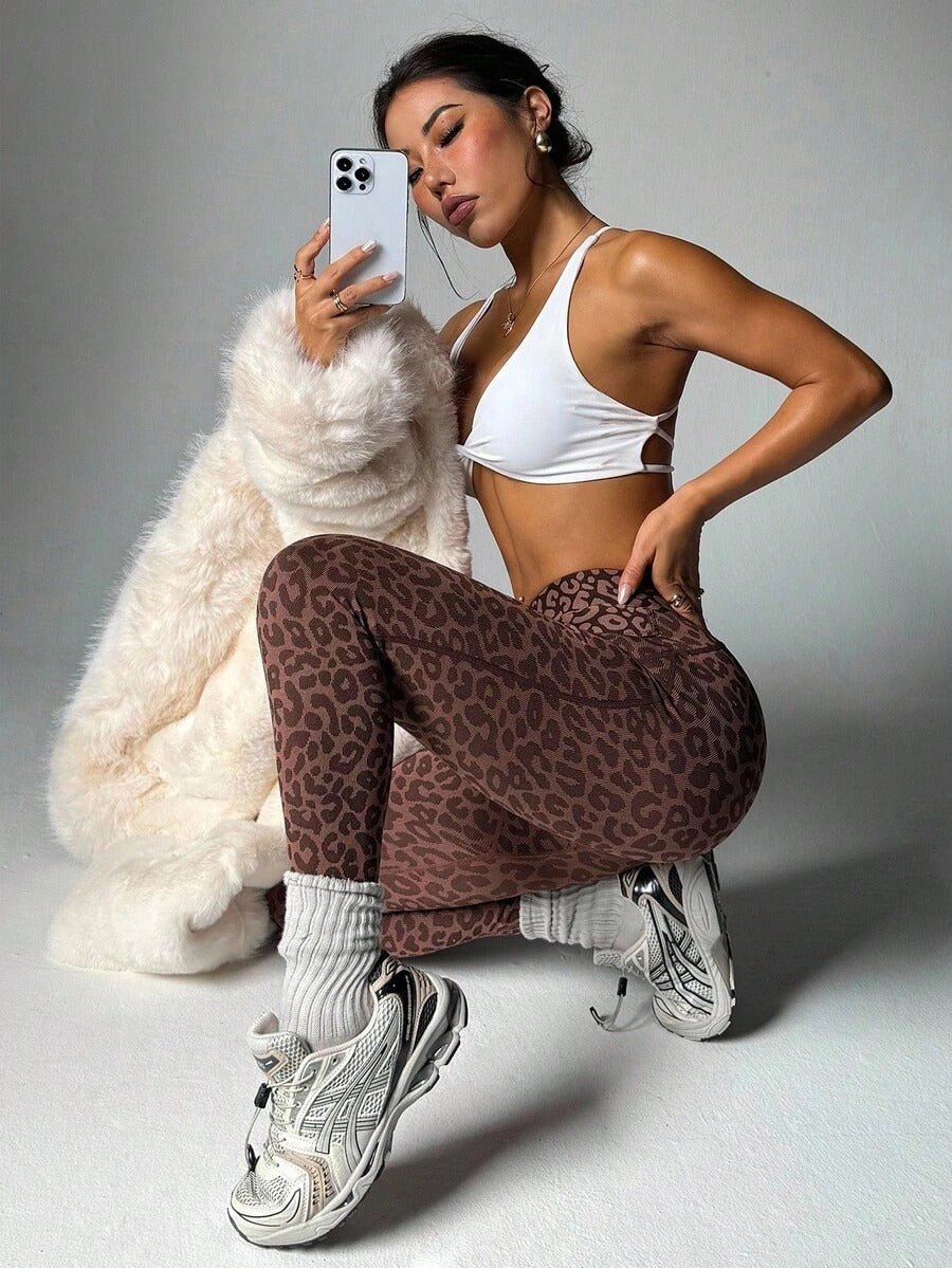 Women's Leopard Print Athletic Shorts – Crisscross Waistband for Fitness & Running