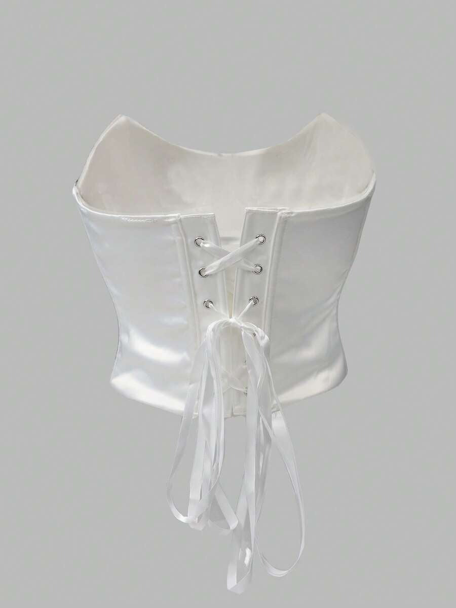Women’s Matte Satin Bustier Top – Off-Shoulder, Lace-Up Back, Metallic Detail