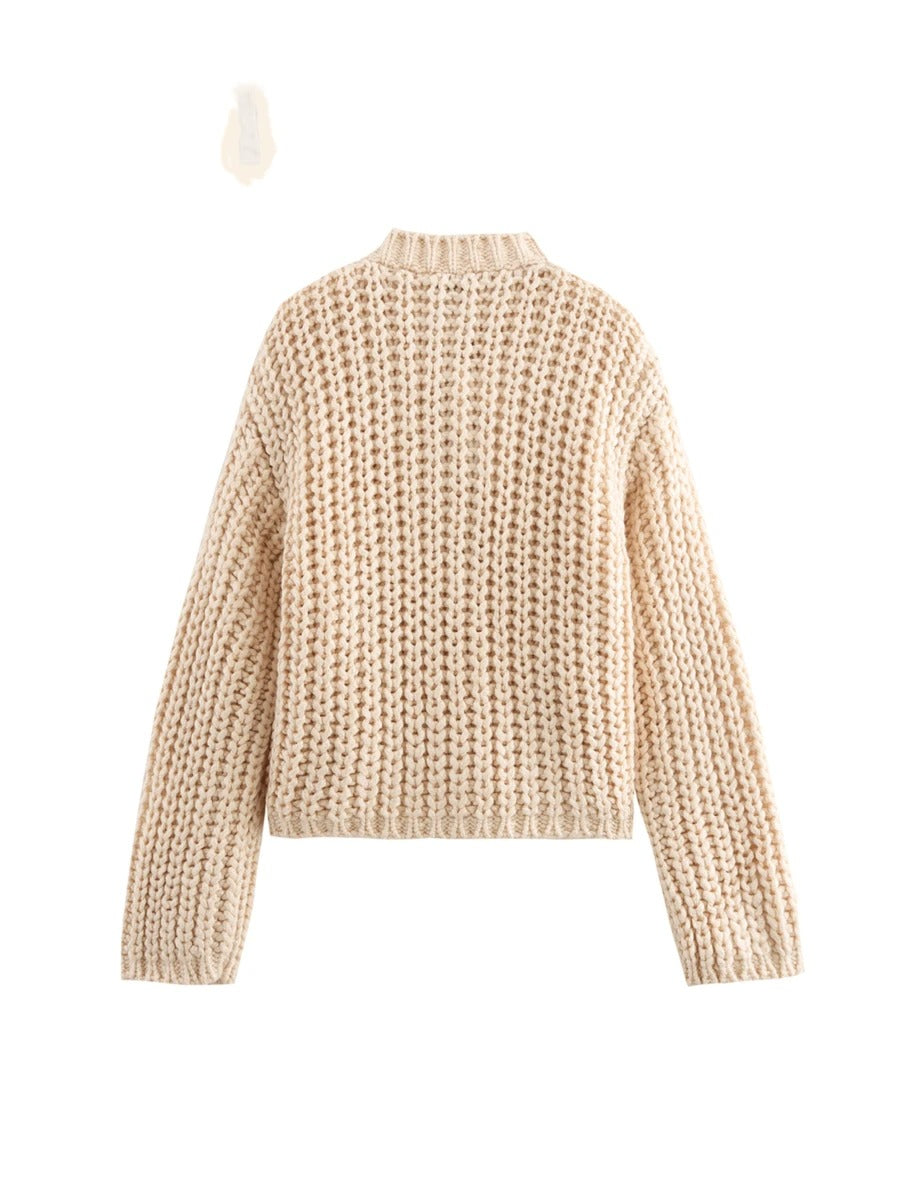 Women's O-Neck Wool Sweater Long Sleeve Classic Knit with Pockets