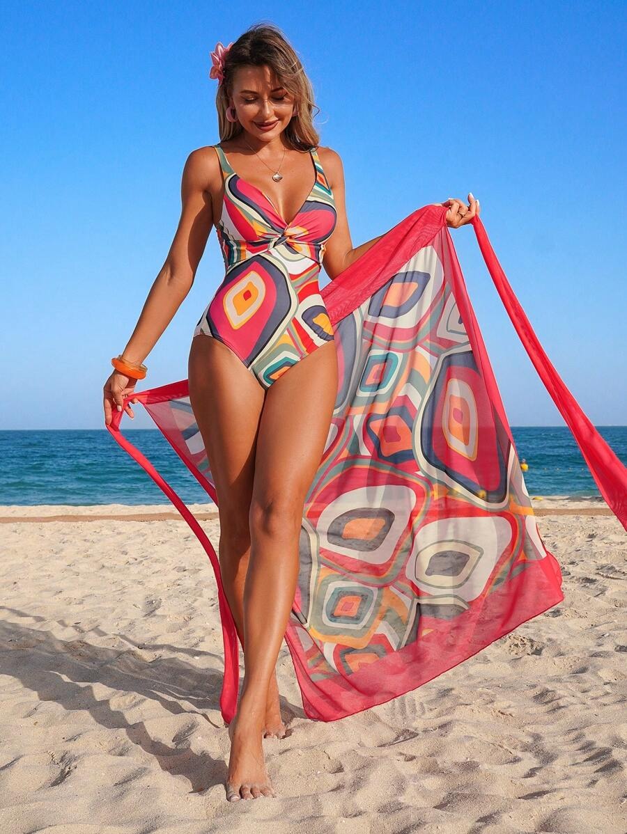 Women’s One-Piece Swimsuit & Beach Skirt Set – Printed Knot, Mesh & Back Straps
