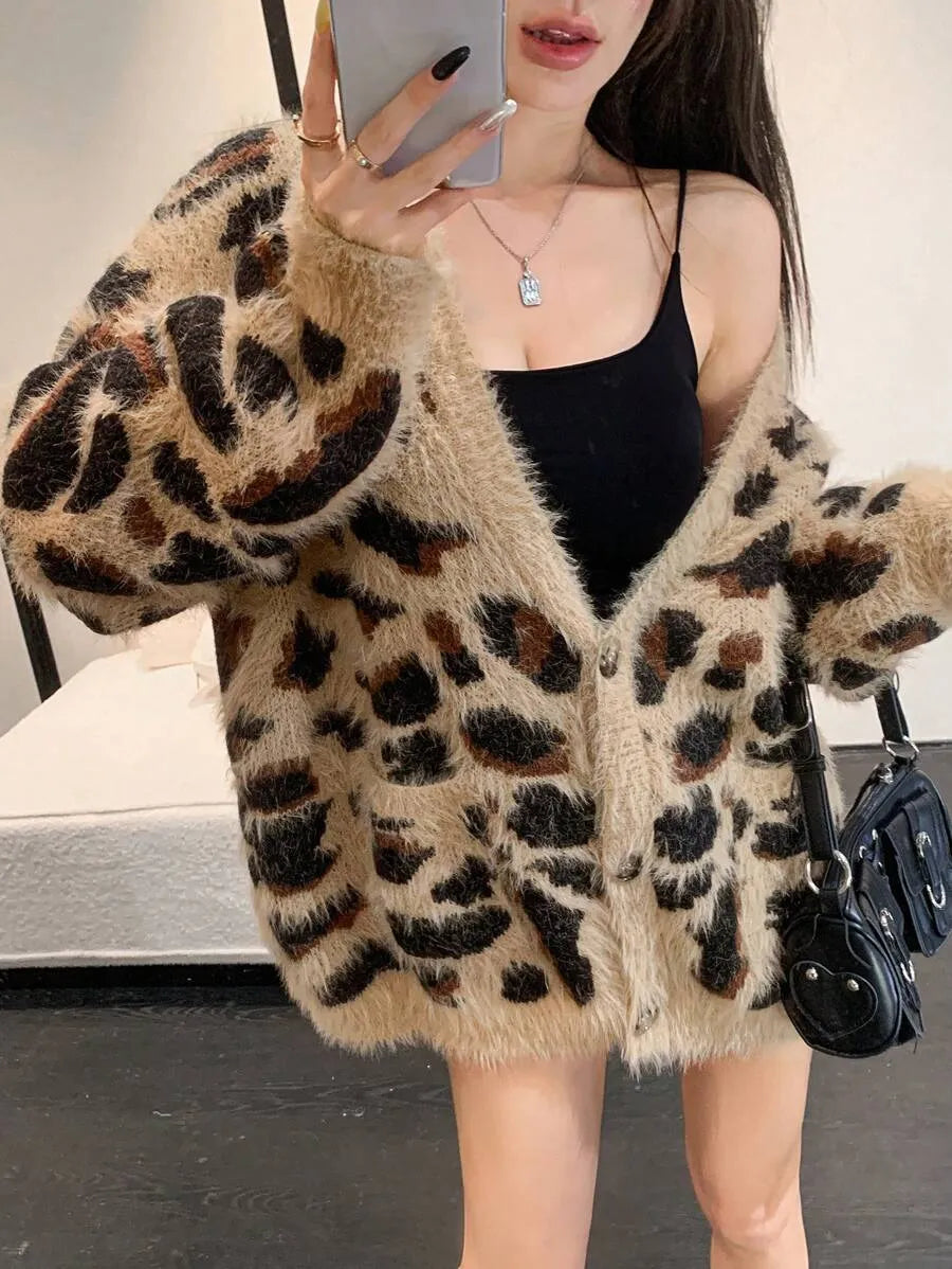 Women's Sexy Loose Fit Leopard Print V-Neck Cardigan