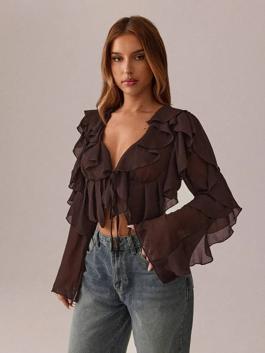 Women’s Sheer Deep V-Neck Tie Blouse – Long Sleeve with Ruffle Detail