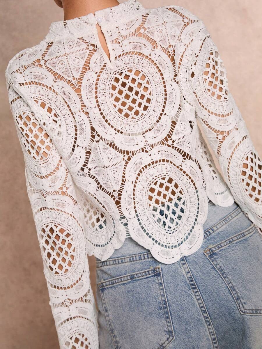 Women’s Sheer Floral Midi Top – Long Sleeve Elegant Going-Out Style
