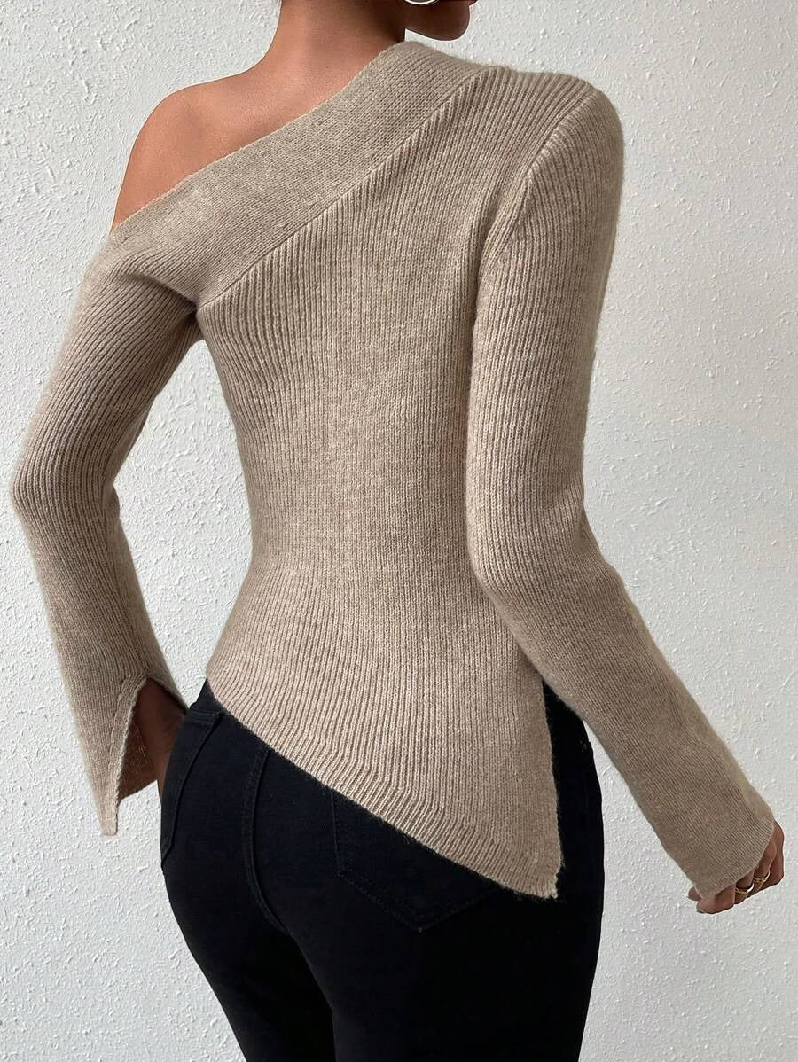 Wool Sweater with Asymmetrical Collar and Slit Hem