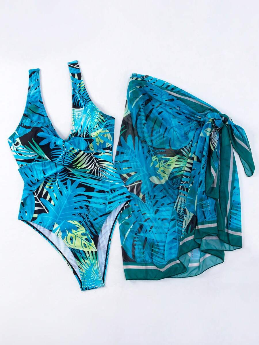 One Piece Swimsuit Lushore Tropical Print with Cover Up for Women