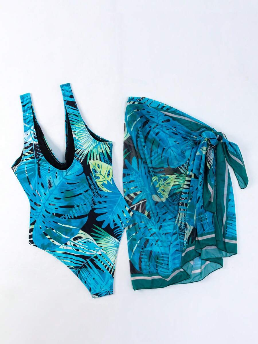 One Piece Swimsuit Lushore Tropical Print with Cover Up for Women