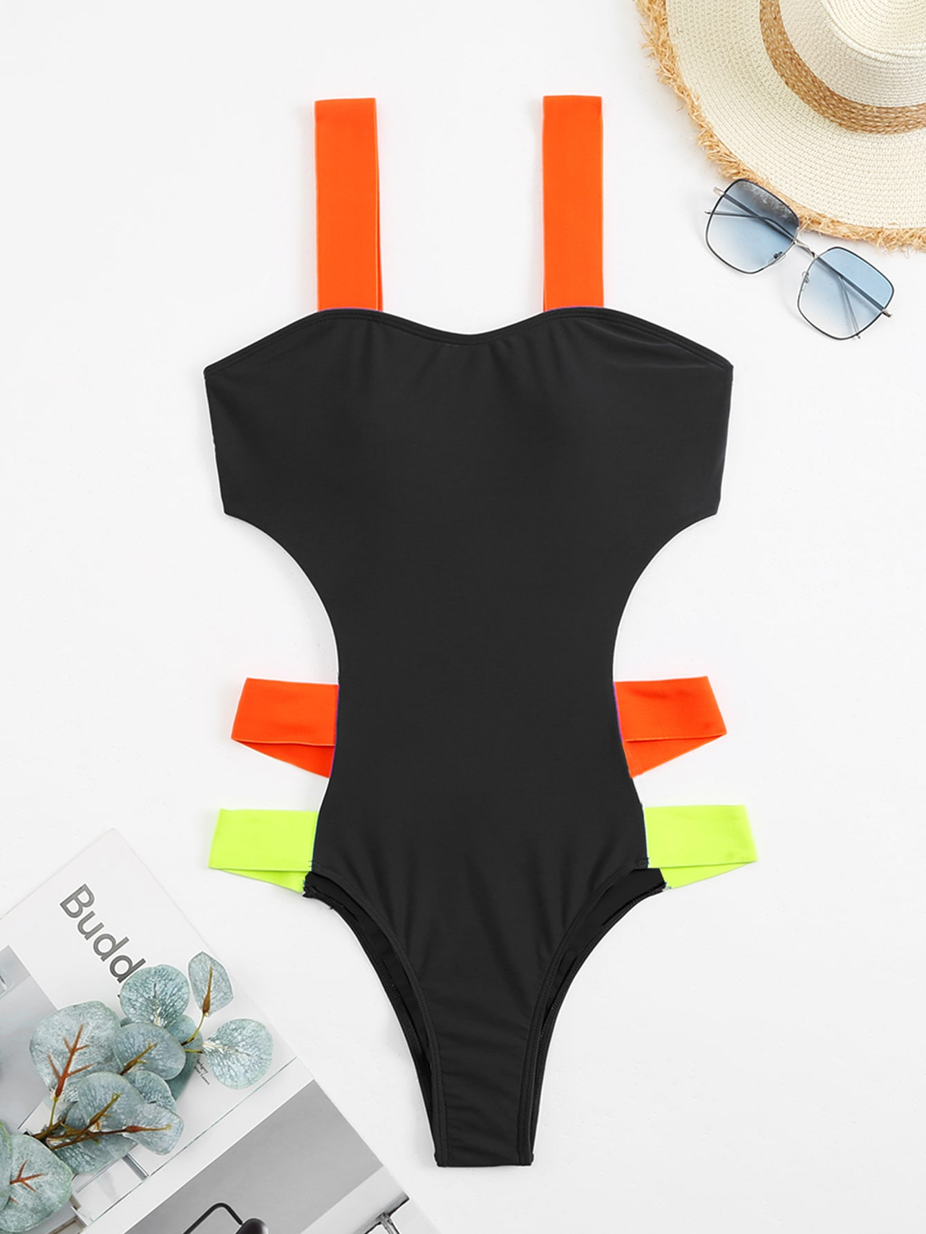 Colorful Strap Cut-Out One Piece Swimsuit