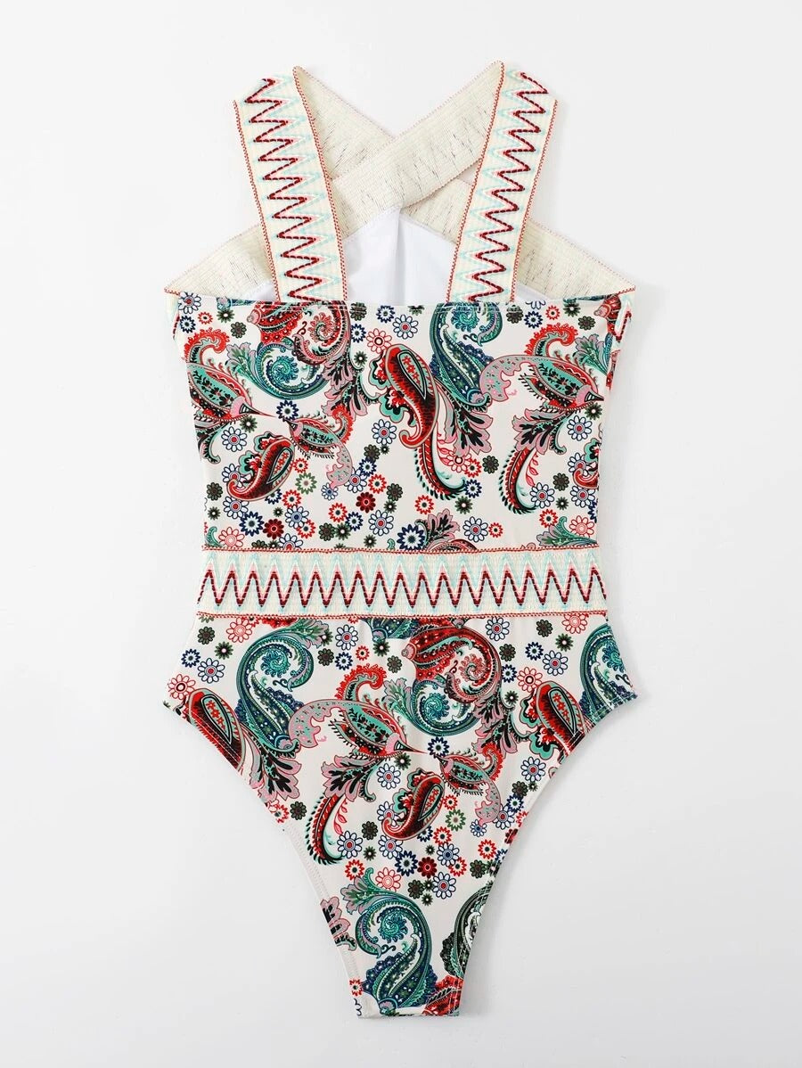 One Piece Swimsuit High Neck Paisley Chevron Stripe Tape Design