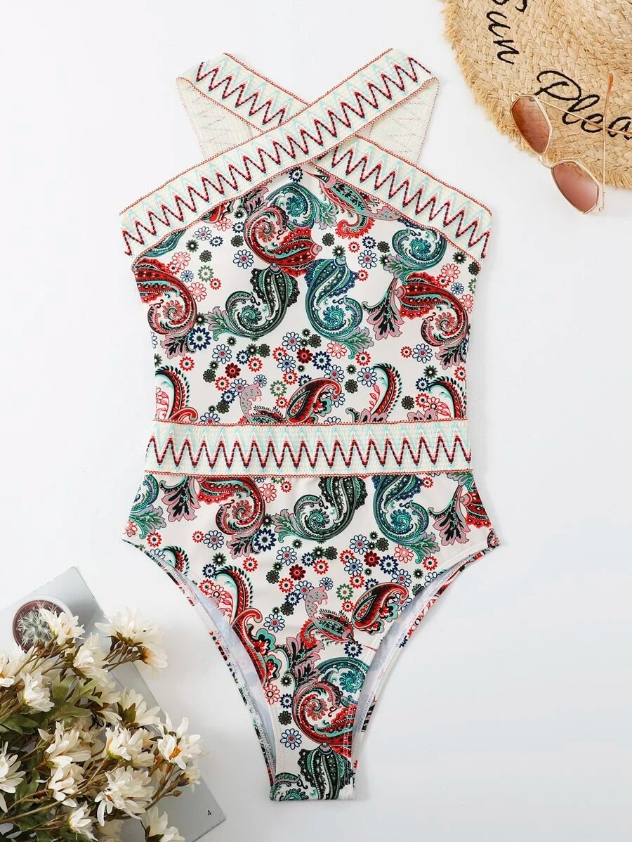 One Piece Swimsuit High Neck Paisley Chevron Stripe Tape Design
