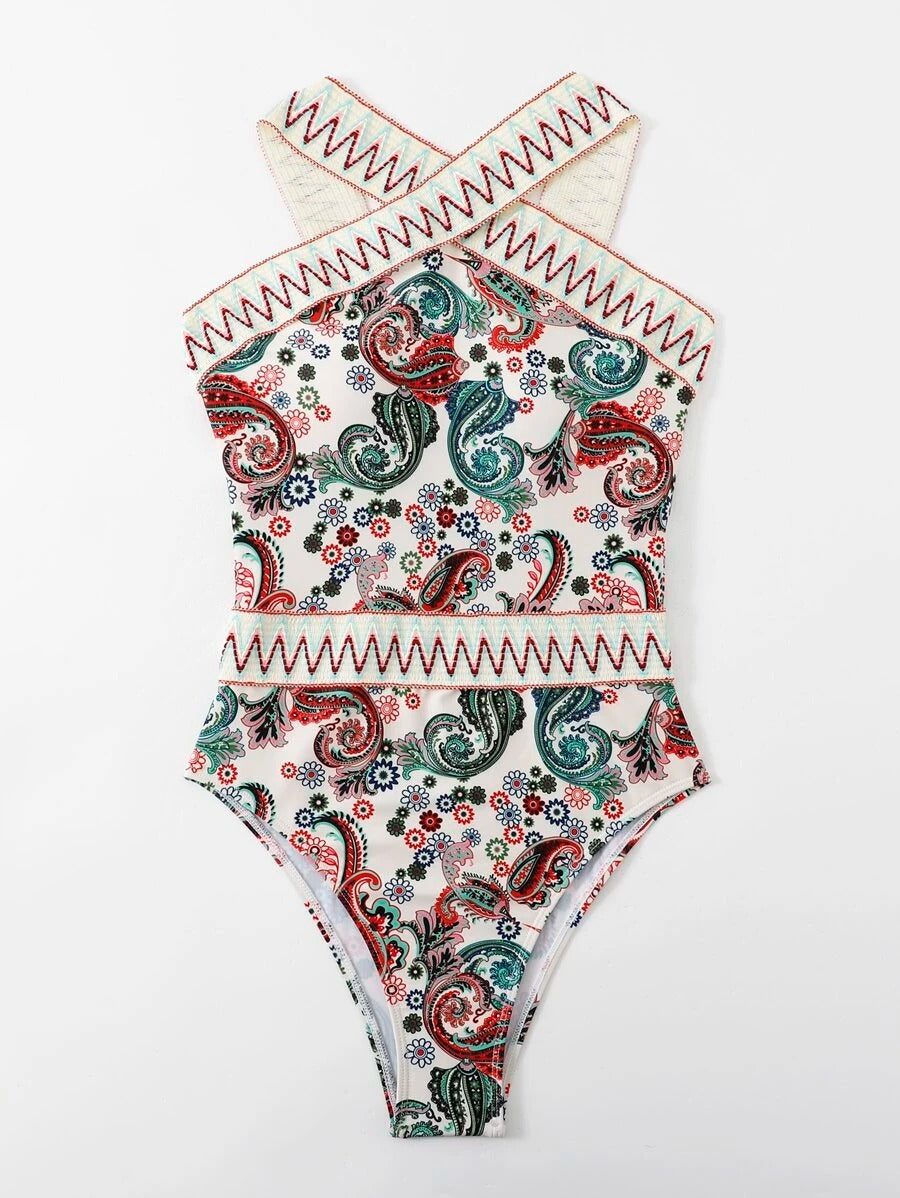 One Piece Swimsuit High Neck Paisley Chevron Stripe Tape Design