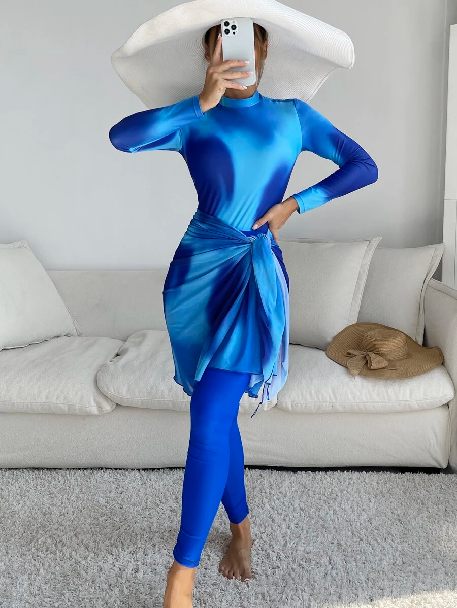 3 Pack Full Body Tie Dye Burkini Swimsuit Set with Long Sleeve, Beach Skirt, and Leggings