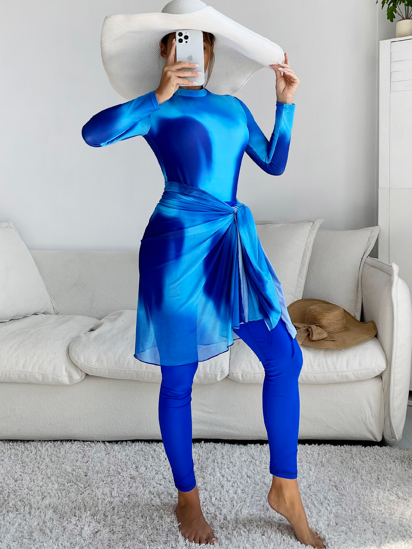 3 Pack Full Body Tie Dye Burkini Swimsuit Set with Long Sleeve, Beach Skirt, and Leggings