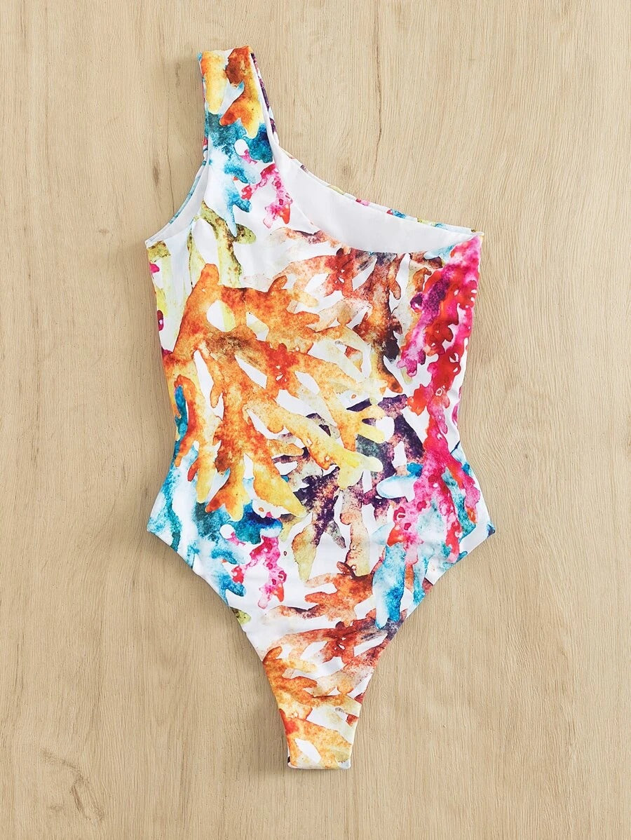 One Piece Swimsuit with Paisley Chevron Stripe Tape High Neck