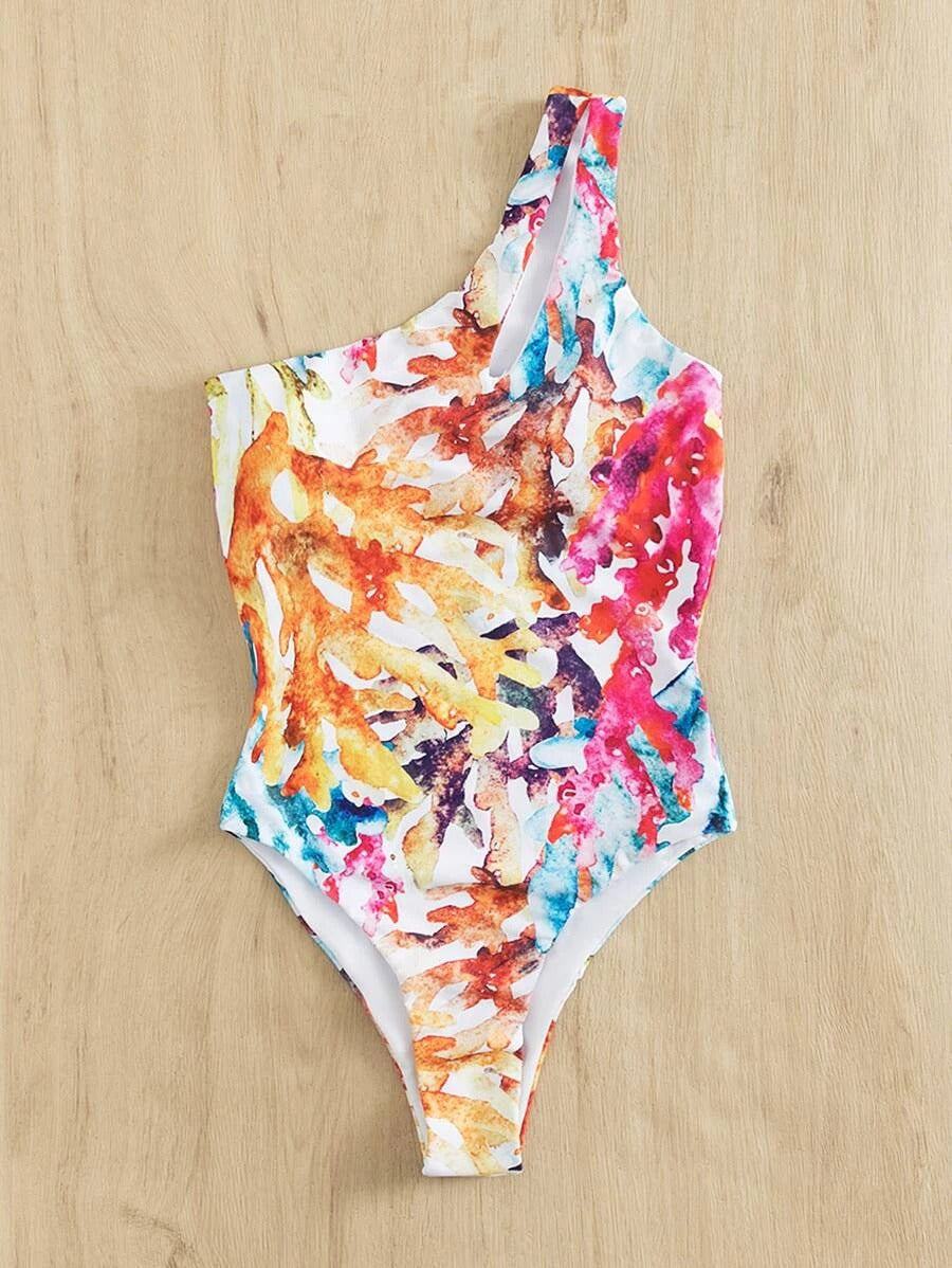 One Piece Swimsuit with Paisley Chevron Stripe Tape High Neck
