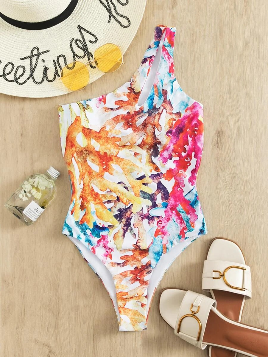 One Piece Swimsuit with Paisley Chevron Stripe Tape High Neck