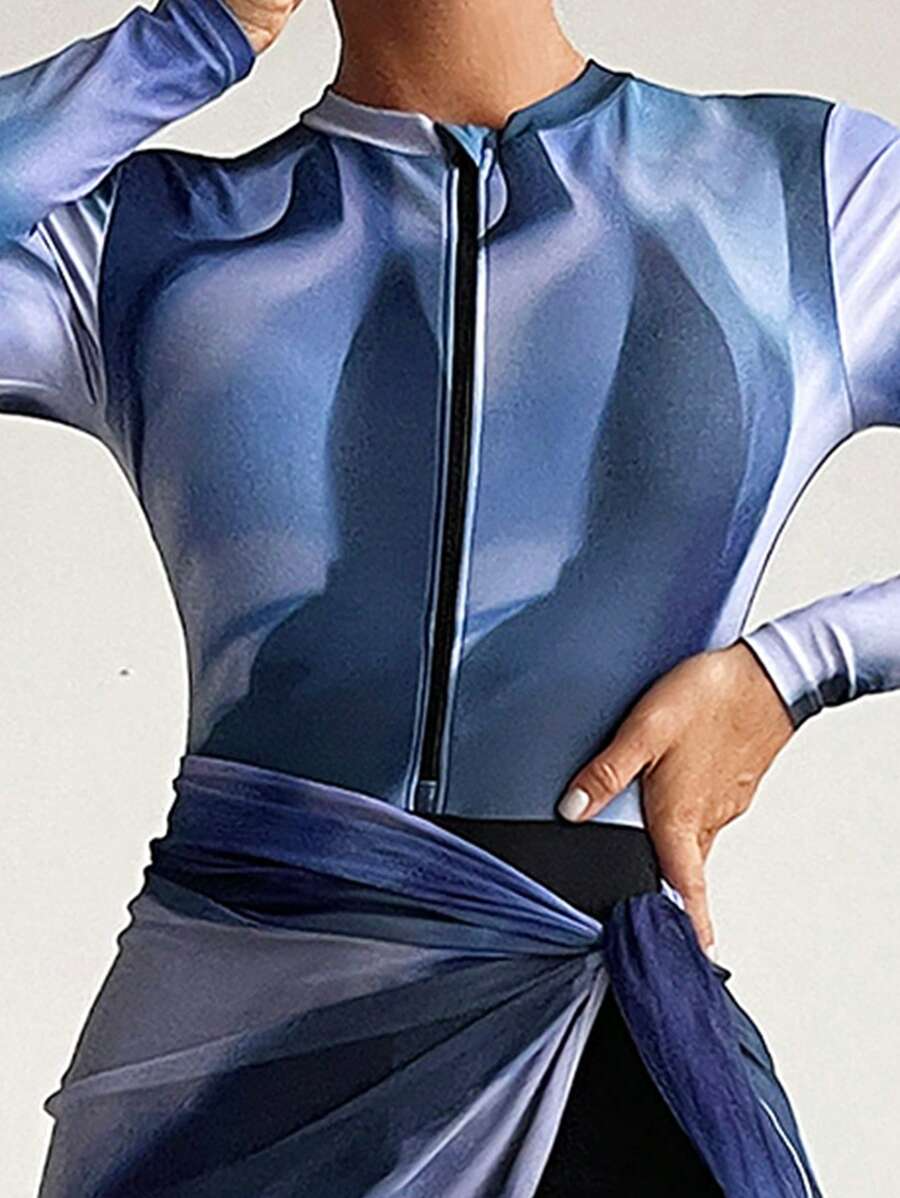 Burkini One-Piece Swimsuit with Skirt Cover-Up for Women - All Over Printed