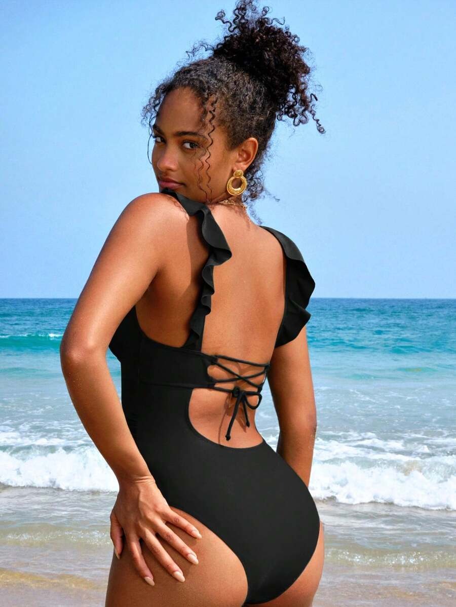 One-Piece Swimsuit – Solid Color with Feather Trim, Elegant Beachwear