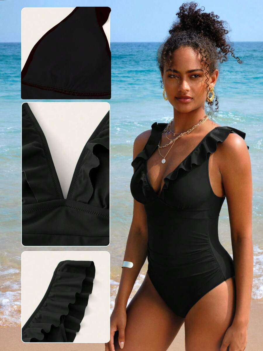 One-Piece Swimsuit – Solid Color with Feather Trim, Elegant Beachwear