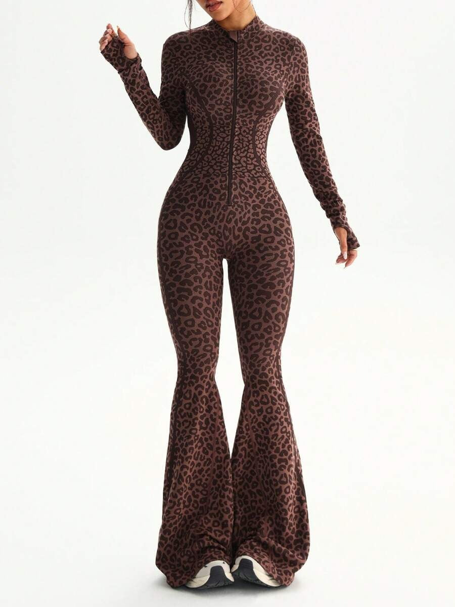 1-Piece Women's Long Sleeve Tiger Print Seamless Jumpsuit