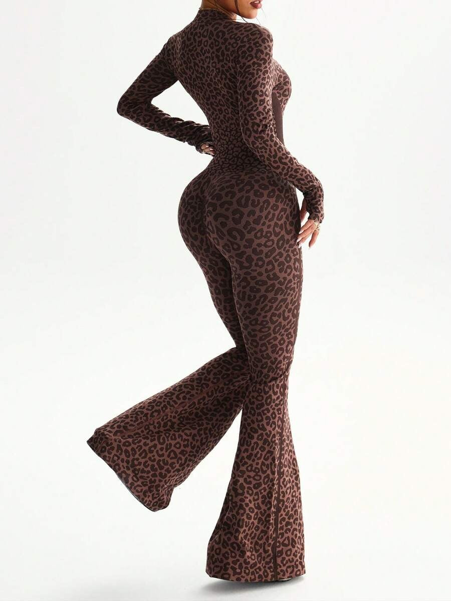1-Piece Women's Long Sleeve Tiger Print Seamless Jumpsuit