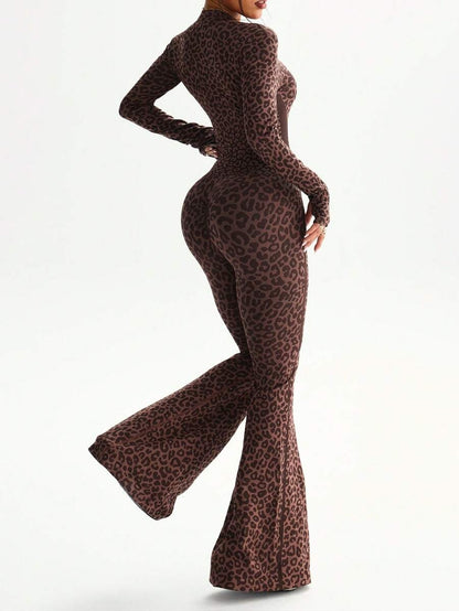 1-Piece Women's Long Sleeve Tiger Print Seamless Jumpsuit