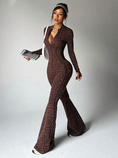 1-Piece Women's Long Sleeve Tiger Print Seamless Jumpsuit