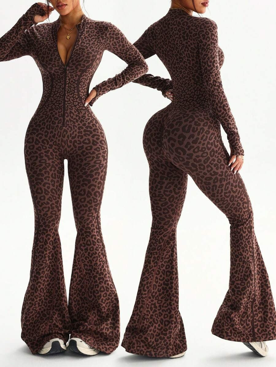 1-Piece Women's Long Sleeve Tiger Print Seamless Jumpsuit