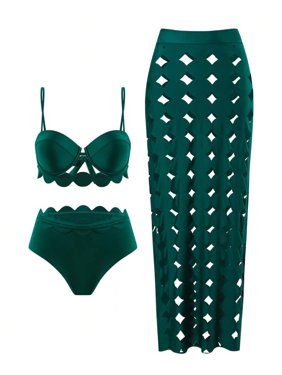 3-Piece Set Bikini, High-Waist Bottom & Embroidered Beach Cover-Up Dress