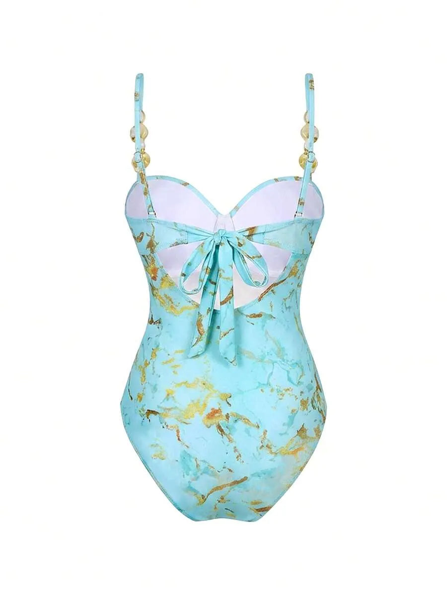3-Piece Set One-Piece Swimsuit with Metallic Mesh Skirt – Underwire & Adjustable Straps