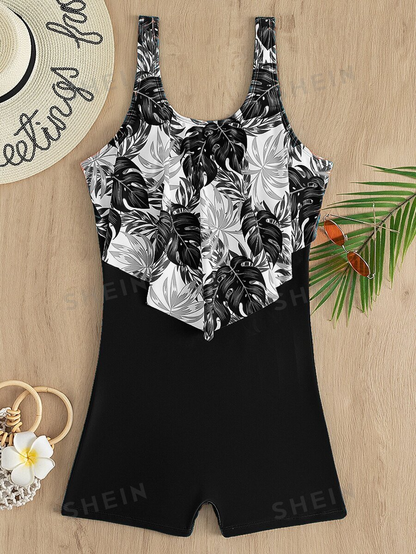 One Piece Swimsuit Tropical Print with Hanky Hem