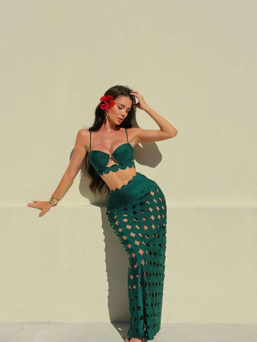 3-Piece Set Bikini, High-Waist Bottom & Embroidered Beach Cover-Up Dress
