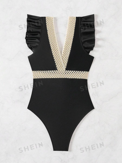 One Piece Women’s Swimsuit - Summer Beach Color Block Cap Sleeve for Vacation