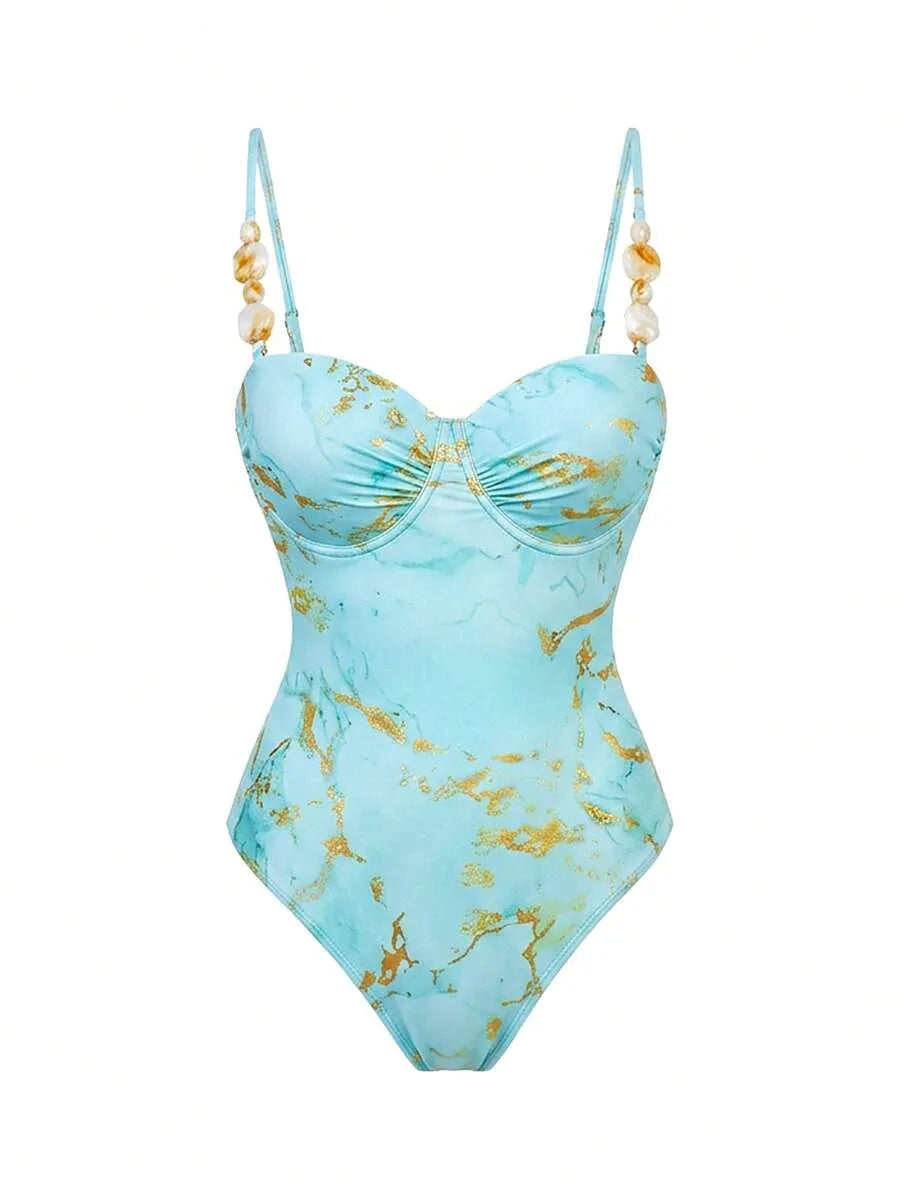 3-Piece Set One-Piece Swimsuit with Metallic Mesh Skirt – Underwire & Adjustable Straps