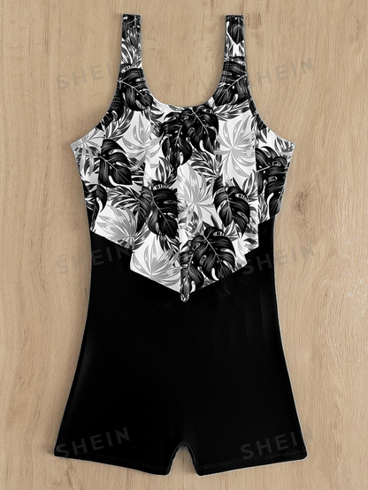 One Piece Swimsuit Tropical Print with Hanky Hem