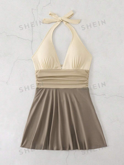 Summer Beach Colorblock Halter Swim Dress