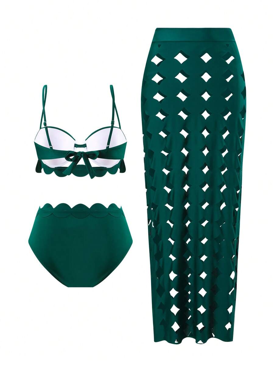 3-Piece Set Bikini, High-Waist Bottom & Embroidered Beach Cover-Up Dress