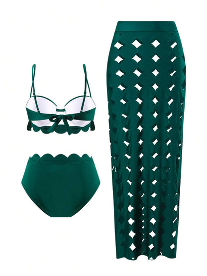 3-Piece Set Bikini, High-Waist Bottom & Embroidered Beach Cover-Up Dress