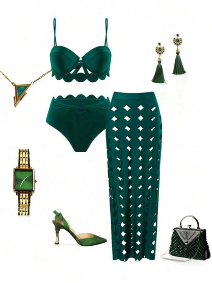 3-Piece Set Bikini, High-Waist Bottom & Embroidered Beach Cover-Up Dress