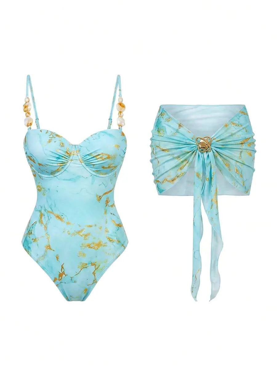 3-Piece Set One-Piece Swimsuit with Metallic Mesh Skirt – Underwire & Adjustable Straps