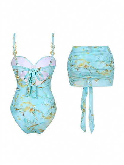 3-Piece Set One-Piece Swimsuit with Metallic Mesh Skirt – Underwire & Adjustable Straps