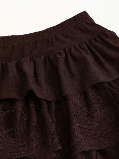 A-line Jersey Peplum Skirt – Multiple Layers, Black Textured Lace Y2K Style