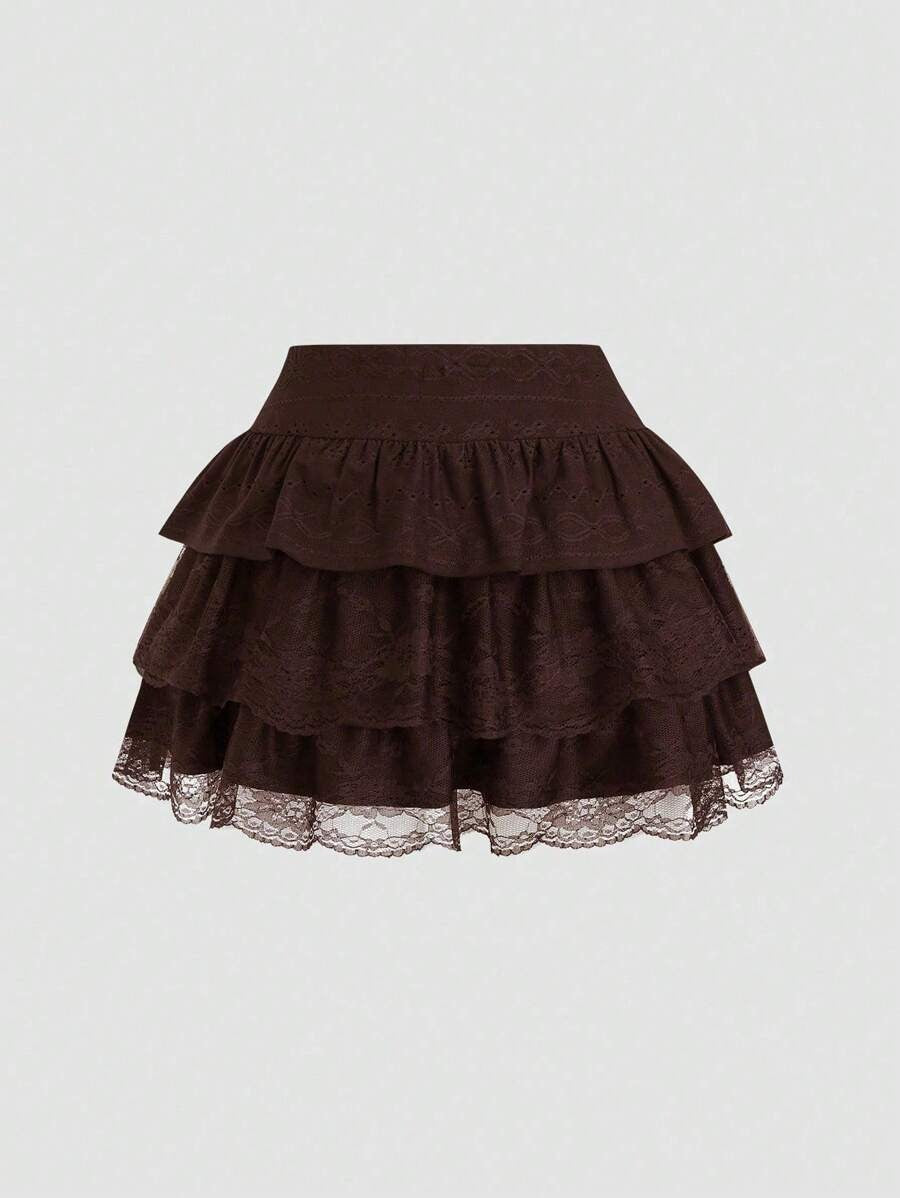 A-line Jersey Peplum Skirt – Multiple Layers, Black Textured Lace Y2K Style