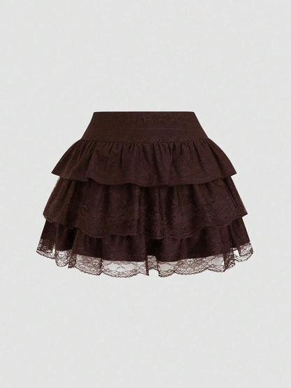 A-line Jersey Peplum Skirt – Multiple Layers, Black Textured Lace Y2K Style