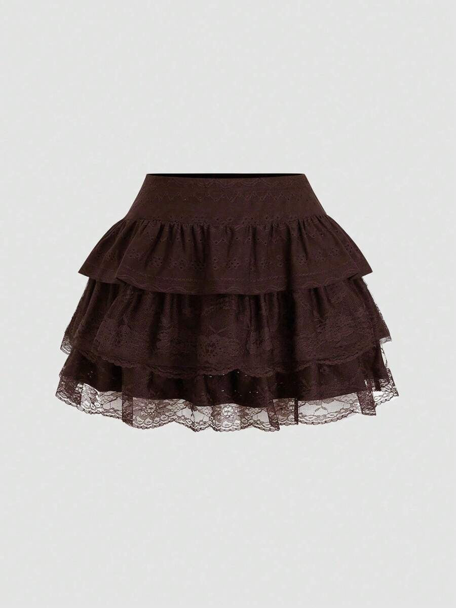 A-line Jersey Peplum Skirt – Multiple Layers, Black Textured Lace Y2K Style