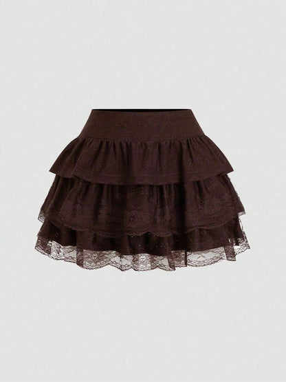 A-line Jersey Peplum Skirt – Multiple Layers, Black Textured Lace Y2K Style
